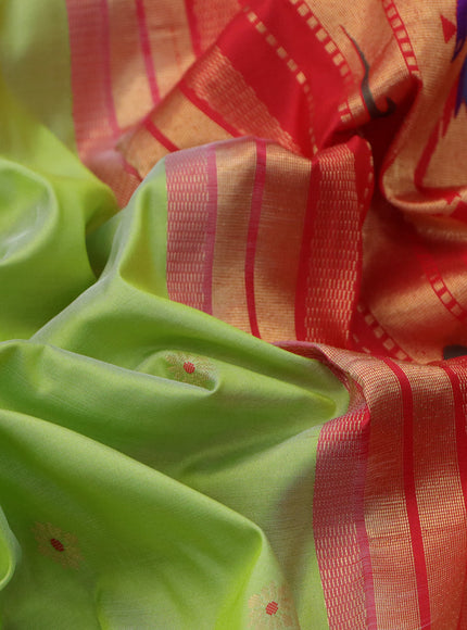 Pure paithani silk saree pista green and red with allover zari woven floral buttas and rich zari woven border