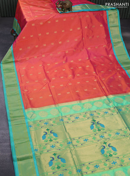 Pure paithani silk saree dual shade of pinkish yellow and teal blue with allover zari woven annam buttas and rich zari woven border