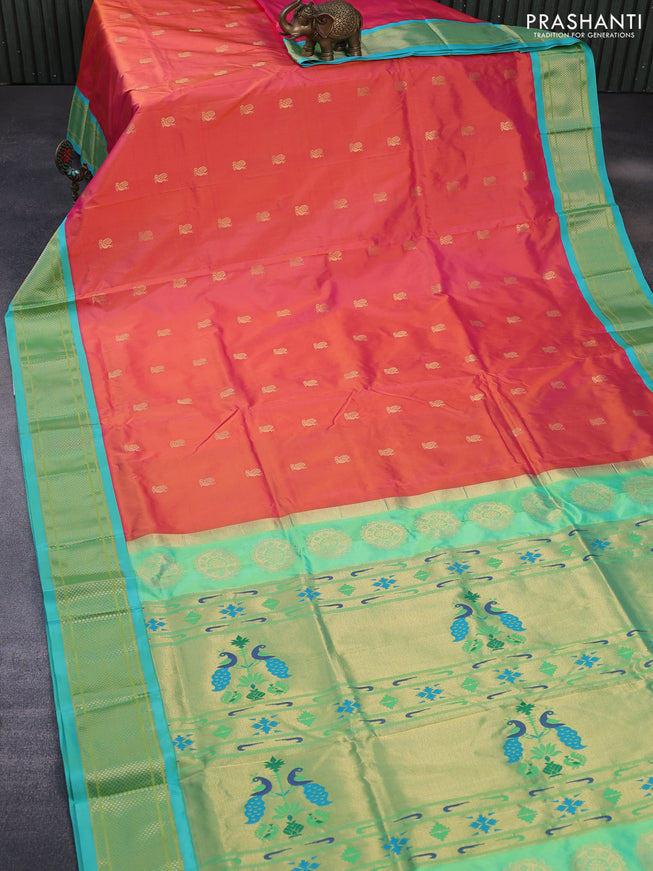 Pure paithani silk saree dual shade of pinkish yellow and teal blue with allover zari woven annam buttas and rich zari woven border