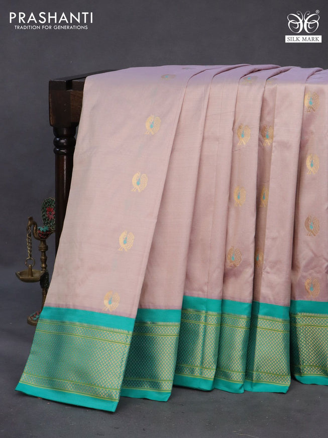 Pure paithani silk saree dual shade of grey and teal green with allover annam zari woven buttas and rich zari woven border