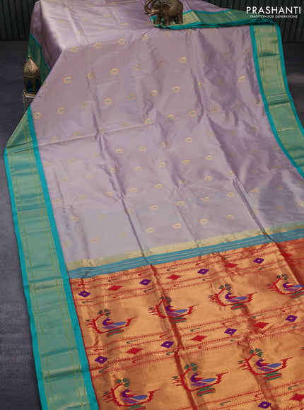 Pure paithani silk saree dual shade of grey and teal green with allover annam zari woven buttas and rich zari woven border