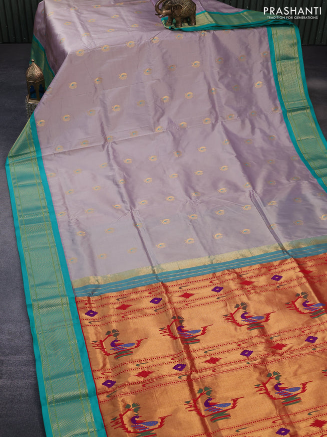 Pure paithani silk saree dual shade of grey and teal green with allover annam zari woven buttas and rich zari woven border