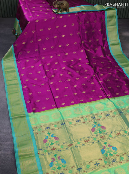 Pure paithani silk saree purple and teal green shade with allover annam zari woven buttas and rich zari woven border