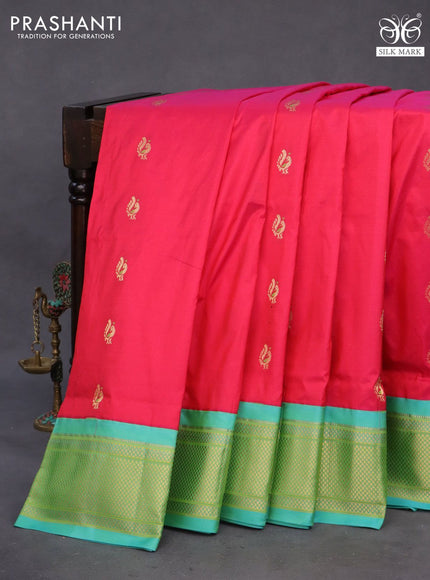 Pure paithani silk saree pink and teal green with allover annam zari woven buttas and rich zari woven border