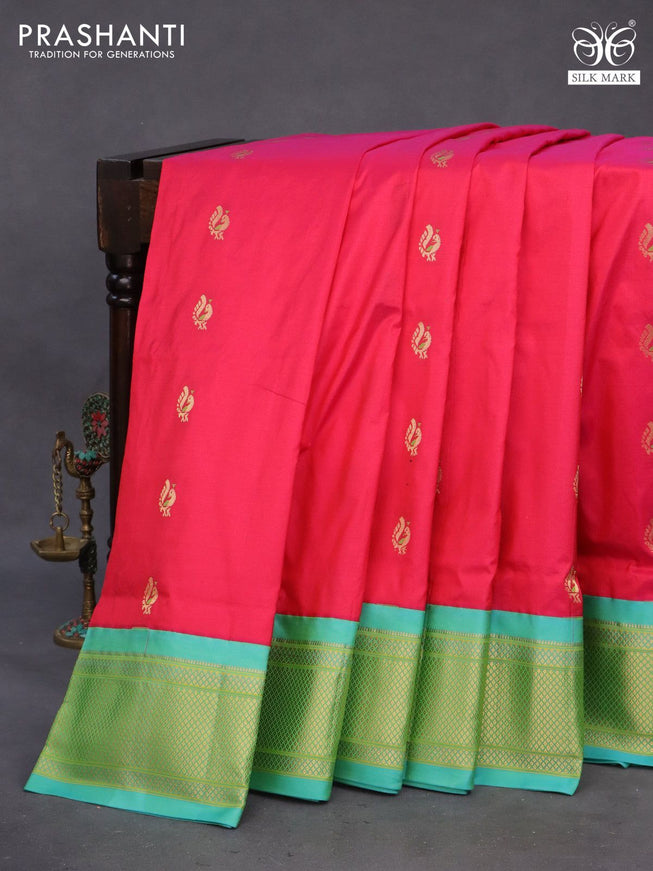 Pure paithani silk saree pink and teal green with allover annam zari woven buttas and rich zari woven border