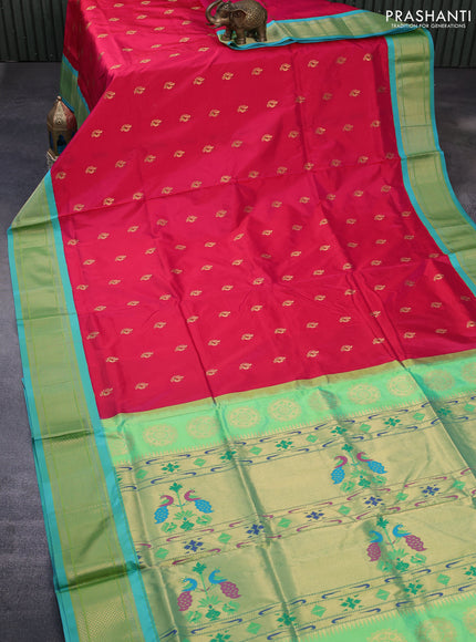 Pure paithani silk saree pink and teal green with allover annam zari woven buttas and rich zari woven border