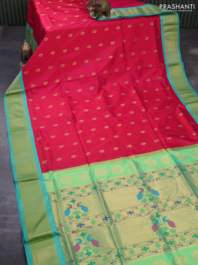 Pure paithani silk saree pink and teal green with allover annam zari woven buttas and rich zari woven border