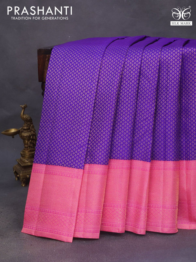 Pure kanchipuram silk saree violet and light pink with allover zari woven brocade weaves and rich zari woven border