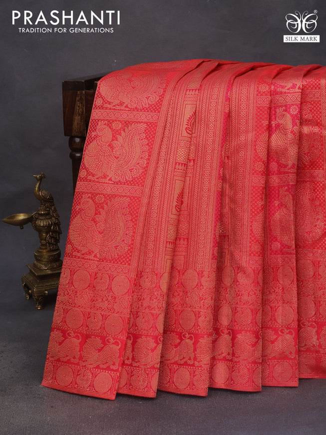 Pure kanchipuram silk saree dual shade of pink with allover zari woven brocade weaves and zari woven vanasingarm border