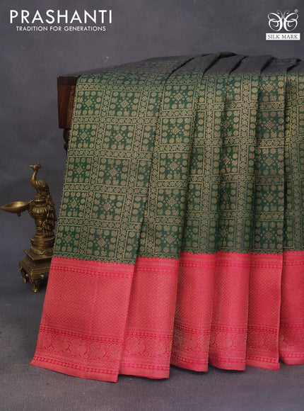 Pure kanchipuram silk saree green and pink with allover zari woven brocade weaves and rich zari woven border