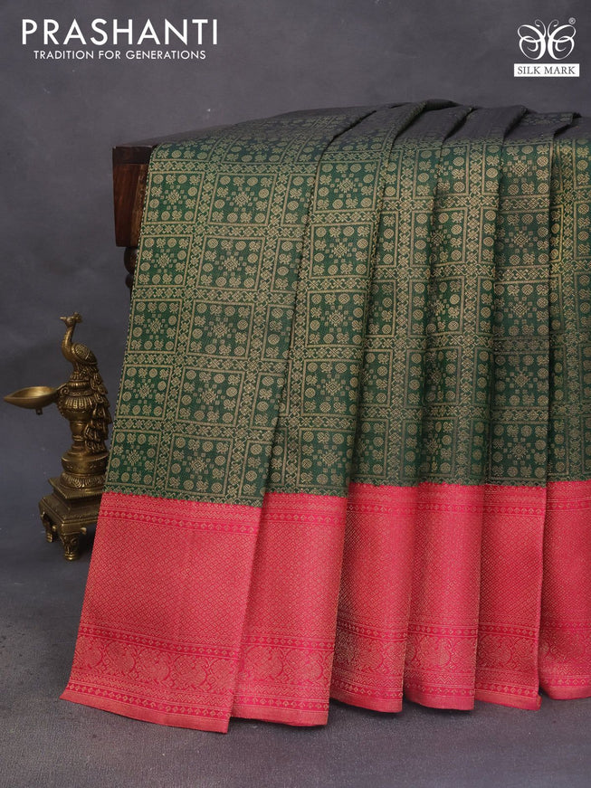 Pure kanchipuram silk saree green and pink with allover zari woven brocade weaves and rich zari woven border