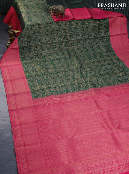 Pure kanchipuram silk saree green and pink with allover zari woven brocade weaves and rich zari woven border