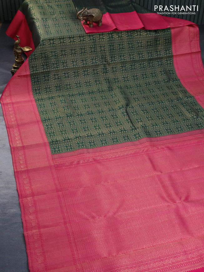 Pure kanchipuram silk saree green and pink with allover zari woven brocade weaves and rich zari woven border