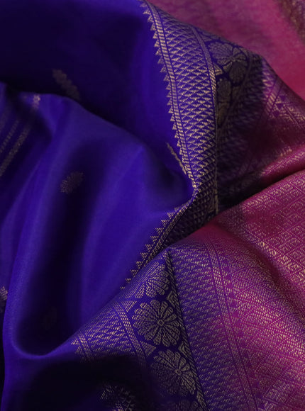 Pure kanchipuram silk saree blue and dual shade of magenta pink with allover zari strips & buttas and rich zari woven border