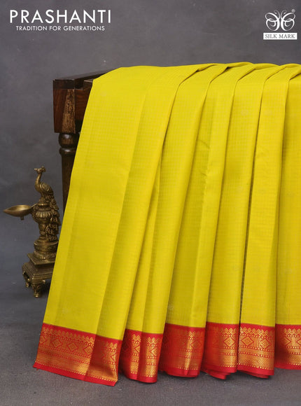 Pure kanchipuram silk saree lime yellow and red with allover small zari checks & buttas and zari woven korvai border