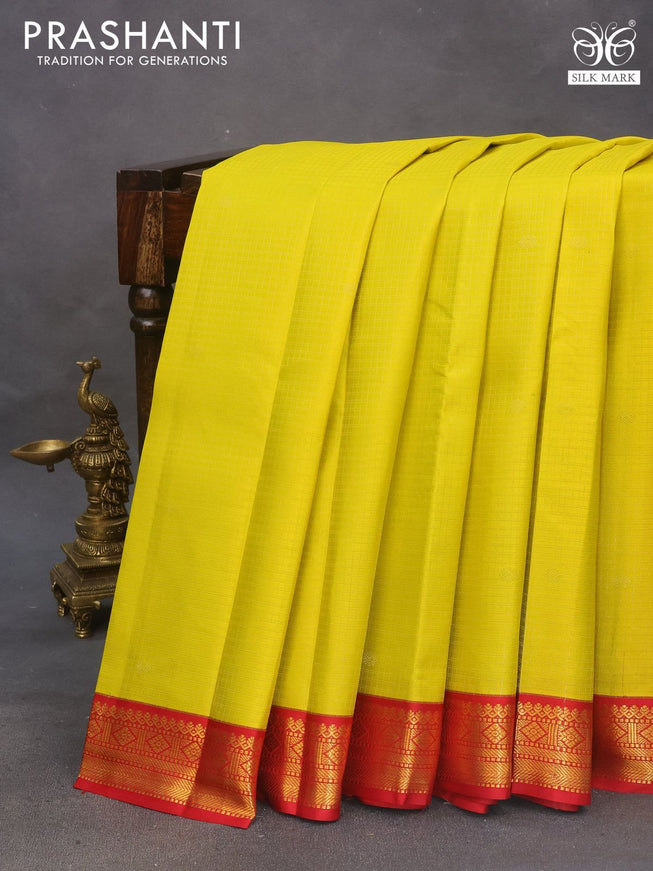 Pure kanchipuram silk saree lime yellow and red with allover small zari checks & buttas and zari woven korvai border