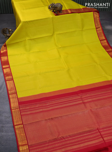 Pure kanchipuram silk saree lime yellow and red with allover small zari checks & buttas and zari woven korvai border