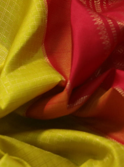 Pure kanchipuram silk saree lime yellow and red with allover small zari checks & buttas and zari woven korvai border