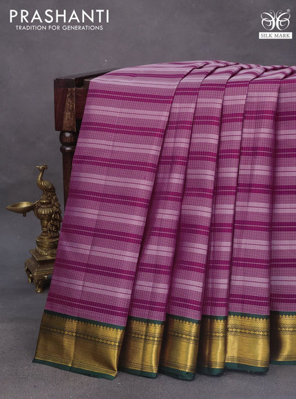 Pure kanchipuram silk saree maroon grey and dark green with allover zari stripe pattern and zari woven korvai border