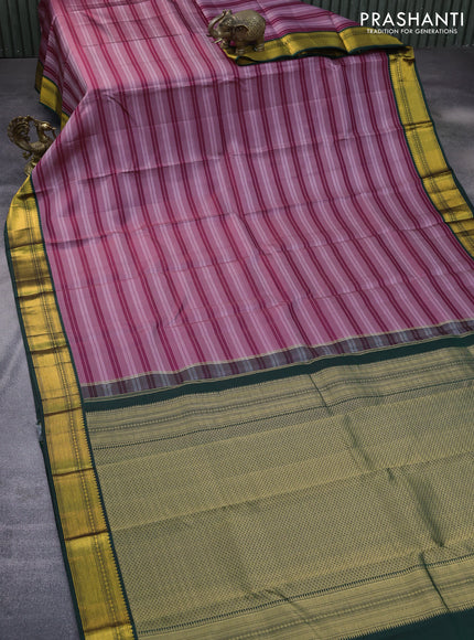 Pure kanchipuram silk saree maroon grey and dark green with allover zari stripe pattern and zari woven korvai border