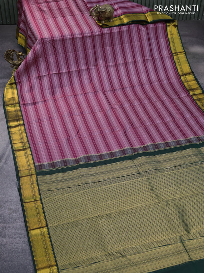 Pure kanchipuram silk saree maroon grey and dark green with allover zari stripe pattern and zari woven korvai border