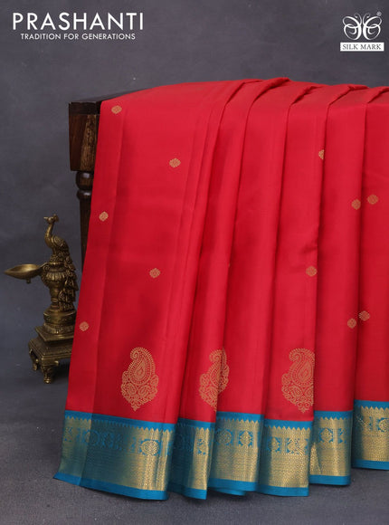 Pure kanchipuram silk saree reddish pink and peacock blue with zari woven buttas and rich zari woven korvai border