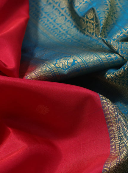 Pure kanchipuram silk saree reddish pink and peacock blue with zari woven buttas and rich zari woven korvai border