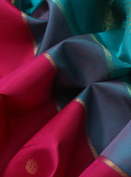 Pure kanchipuram silk saree dark pink and teal green shade with zari woven buttas and rettapet zari woven korvai border