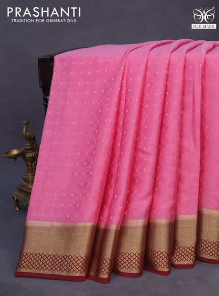 Pure mysore silk saree peach pink and deep maroon with allover self emboss & zari buttas and rich zari woven border