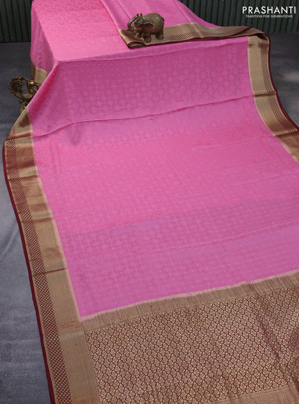 Pure mysore silk saree peach pink and deep maroon with allover self emboss & zari buttas and rich zari woven border