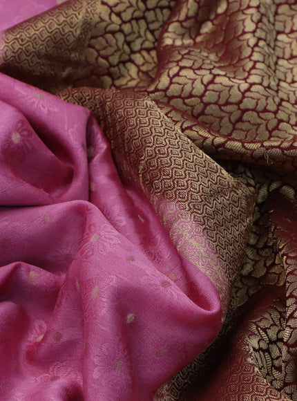 Pure mysore silk saree peach pink and deep maroon with allover self emboss & zari buttas and rich zari woven border