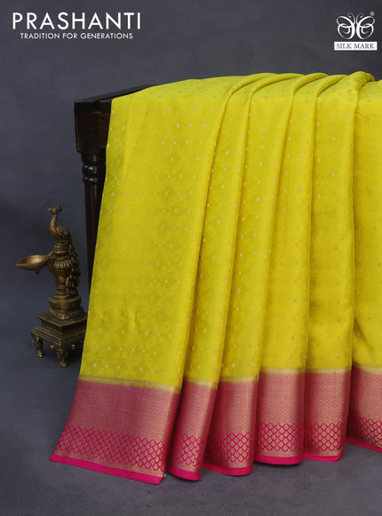 Pure mysore silk saree yellow and pink with allover self emboss & zari buttas and rich zari woven border