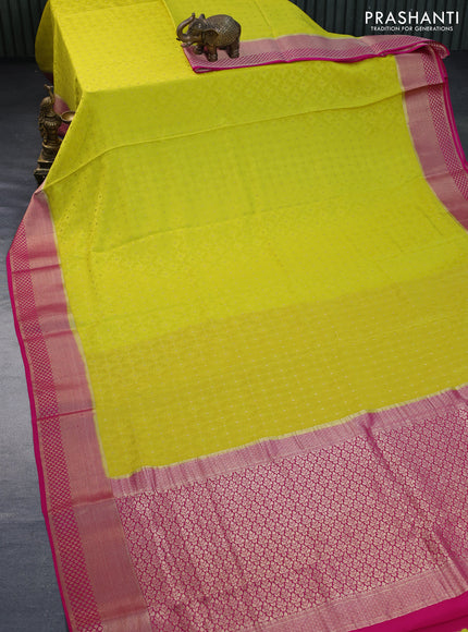 Pure mysore silk saree yellow and pink with allover self emboss & zari buttas and rich zari woven border