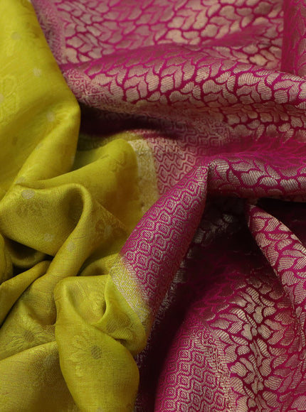 Pure mysore silk saree yellow and pink with allover self emboss & zari buttas and rich zari woven border