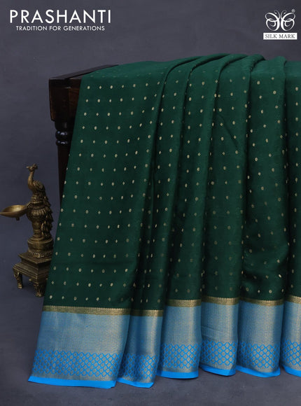 Pure mysore silk saree bottle green and blue with allover self emboss & zari buttas and rich zari woven border