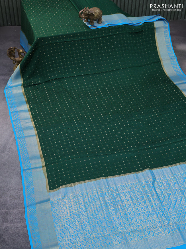 Pure mysore silk saree bottle green and blue with allover self emboss & zari buttas and rich zari woven border