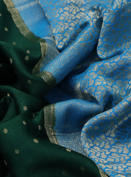 Pure mysore silk saree bottle green and blue with allover self emboss & zari buttas and rich zari woven border