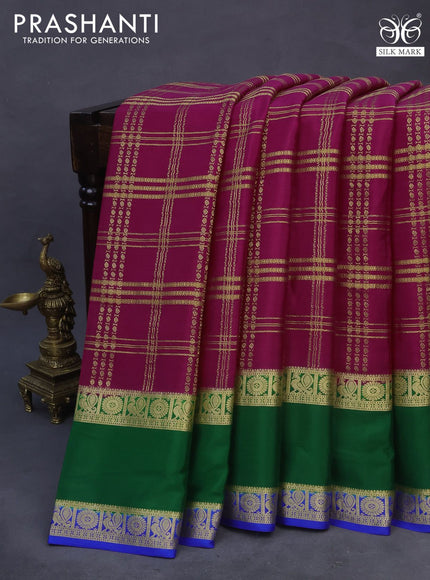 Pure mysore silk saree magenta pink and green blue with allover zari checks and rettapet zari woven border