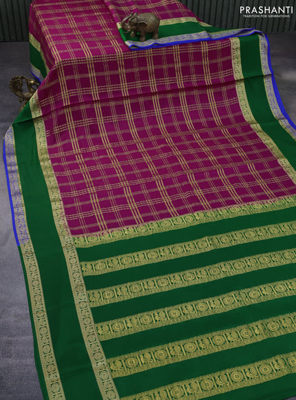 Pure mysore silk saree magenta pink and green blue with allover zari checks and rettapet zari woven border