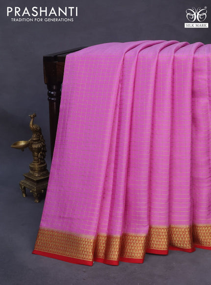 Pure mysore silk saree lotus pink and red with allover zari checked pattern and zari woven border