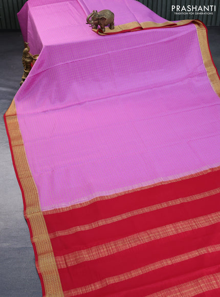 Pure mysore silk saree lotus pink and red with allover zari checked pattern and zari woven border