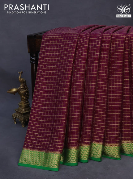 Pure mysore silk saree wine shade and green with allover zari checked pattern and zari woven border