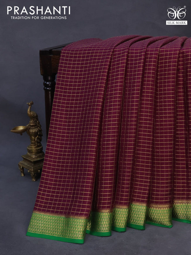 Pure mysore silk saree wine shade and green with allover zari checked pattern and zari woven border