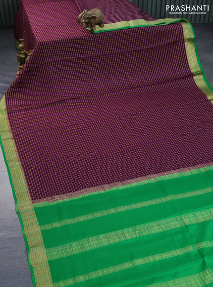 Pure mysore silk saree wine shade and green with allover zari checked pattern and zari woven border