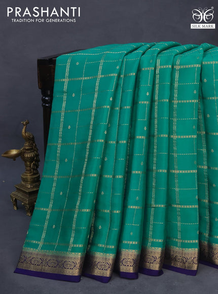 Pure mysore silk saree teal green shade and dark blue with allover zari checks & buttas and zari woven border