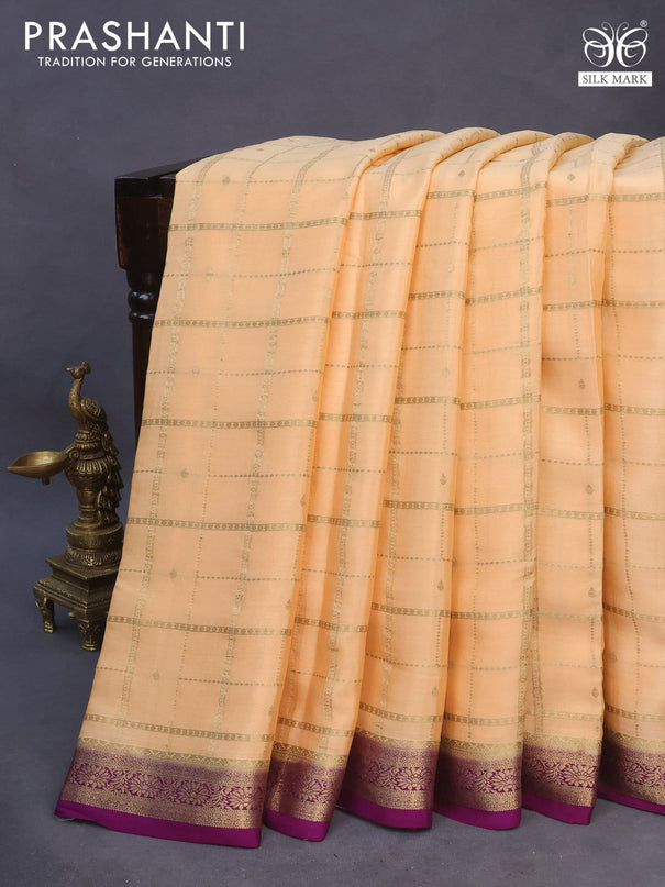 Pure mysore silk saree pale orange and purple with allover zari checks & buttas and zari woven border