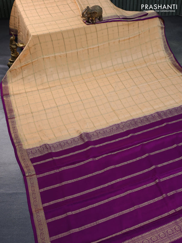 Pure mysore silk saree pale orange and purple with allover zari checks & buttas and zari woven border