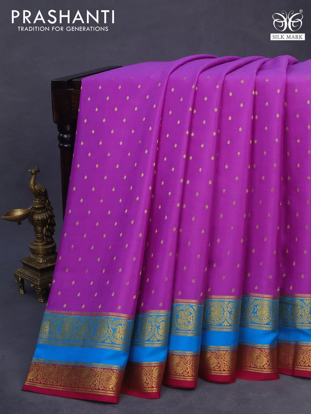 Pure mysore silk saree mild purple and cs blue with allover zari woven buttas and rettapet zari woven border