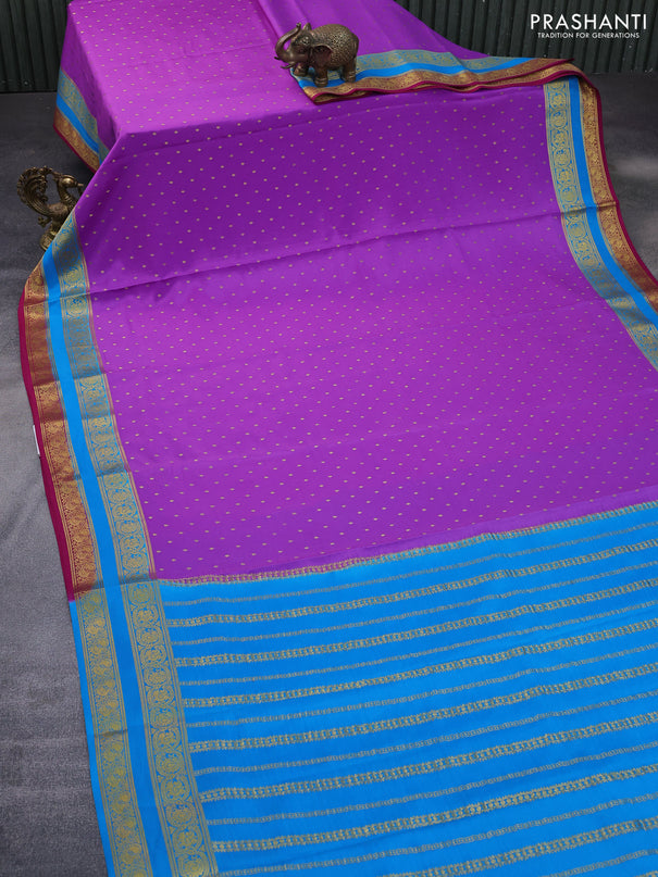 Pure mysore silk saree mild purple and cs blue with allover zari woven buttas and rettapet zari woven border