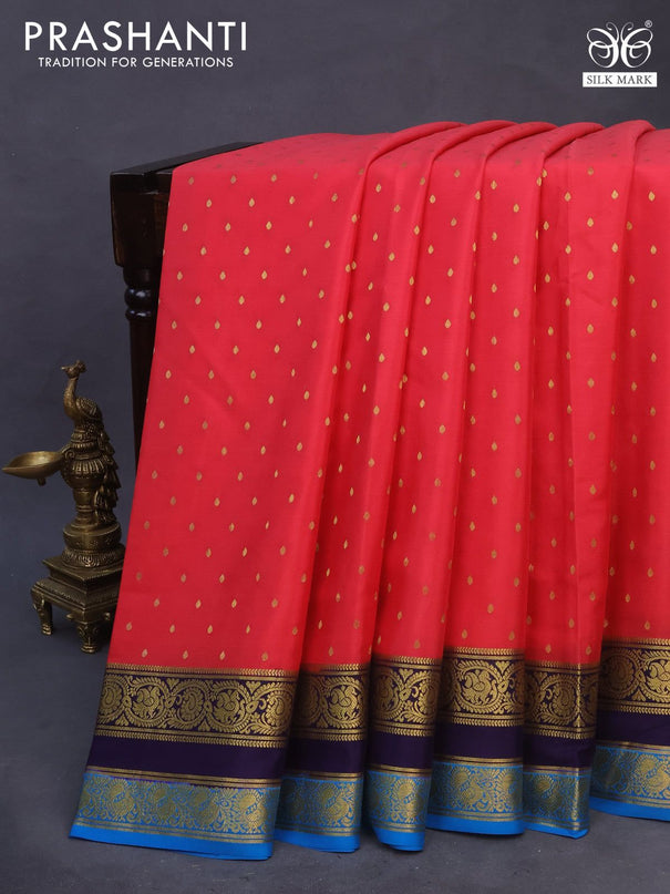 Pure mysore silk saree peach shade and dark blue with allover zari woven buttas and rettapet zari woven border